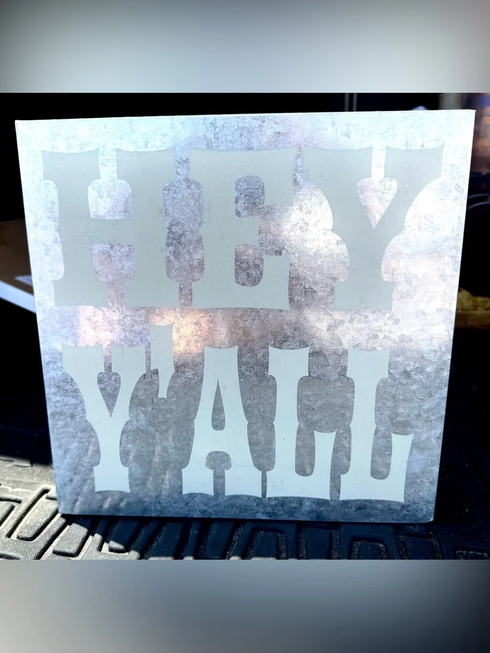 “HEY Y’ALL” Metallic Silver Stenciled Wall Art Panel - Pale Mint Lettering